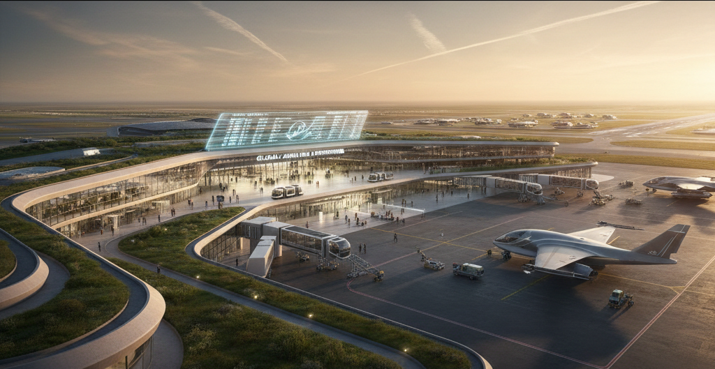 Aerial view of an airport terminal with airside piers, passenger flow infrastructure, and landside interchange